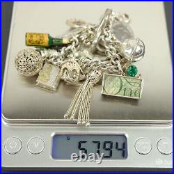 Vintage 925 Sterling Silver Charm Bracelet and 21 Charms 3 & 6 pence coins