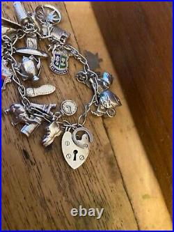 Vintage 925 Sterling Silver Charm Bracelet with Heart Padlock And Charms