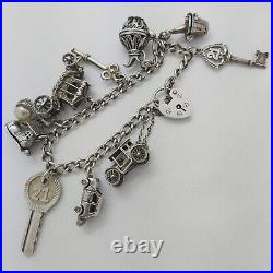 Vintage 925 Sterling Silver Charm Bracelet with Heart Padlock and 10 Charms