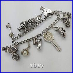 Vintage 925 Sterling Silver Charm Bracelet with Heart Padlock and 10 Charms