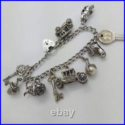 Vintage 925 Sterling Silver Charm Bracelet with Heart Padlock and 10 Charms