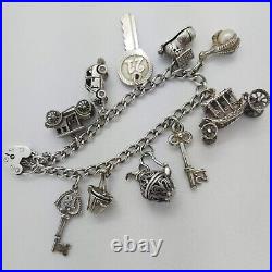 Vintage 925 Sterling Silver Charm Bracelet with Heart Padlock and 10 Charms