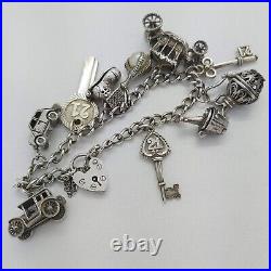 Vintage 925 Sterling Silver Charm Bracelet with Heart Padlock and 10 Charms