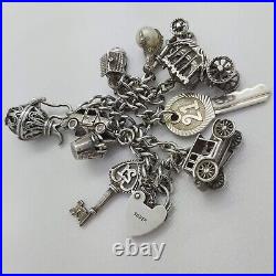 Vintage 925 Sterling Silver Charm Bracelet with Heart Padlock and 10 Charms