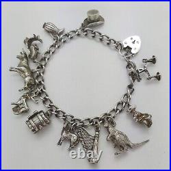 Vintage 925 Sterling Silver Charm Bracelet with Heart Padlock and 11 Charms