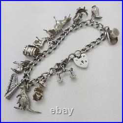 Vintage 925 Sterling Silver Charm Bracelet with Heart Padlock and 11 Charms