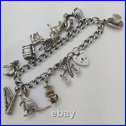 Vintage 925 Sterling Silver Charm Bracelet with Heart Padlock and 11 Charms