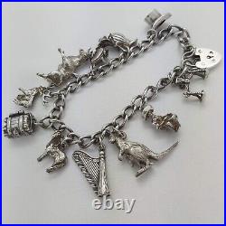 Vintage 925 Sterling Silver Charm Bracelet with Heart Padlock and 11 Charms