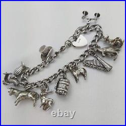 Vintage 925 Sterling Silver Charm Bracelet with Heart Padlock and 11 Charms