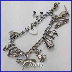 Vintage 925 Sterling Silver Charm Bracelet with Heart Padlock and 11 Charms