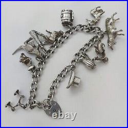 Vintage 925 Sterling Silver Charm Bracelet with Heart Padlock and 11 Charms