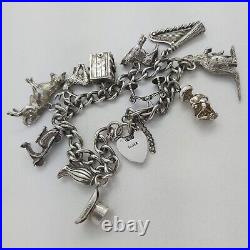 Vintage 925 Sterling Silver Charm Bracelet with Heart Padlock and 11 Charms