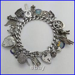 Vintage 925 Sterling Silver Charm Bracelet with Heart Padlock and 25 Charms