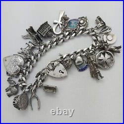 Vintage 925 Sterling Silver Charm Bracelet with Heart Padlock and 25 Charms