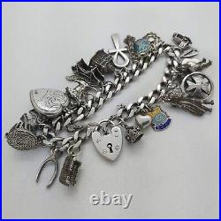 Vintage 925 Sterling Silver Charm Bracelet with Heart Padlock and 25 Charms