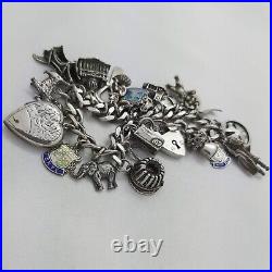 Vintage 925 Sterling Silver Charm Bracelet with Heart Padlock and 25 Charms