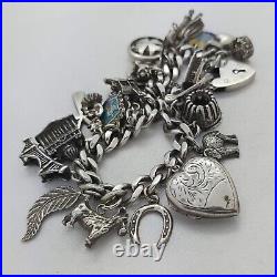 Vintage 925 Sterling Silver Charm Bracelet with Heart Padlock and 25 Charms