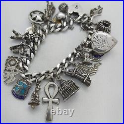 Vintage 925 Sterling Silver Charm Bracelet with Heart Padlock and 25 Charms