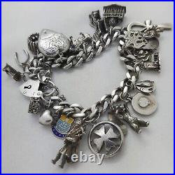 Vintage 925 Sterling Silver Charm Bracelet with Heart Padlock and 25 Charms