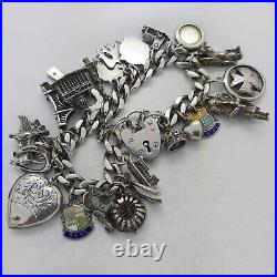 Vintage 925 Sterling Silver Charm Bracelet with Heart Padlock and 25 Charms