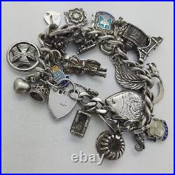 Vintage 925 Sterling Silver Charm Bracelet with Heart Padlock and 25 Charms