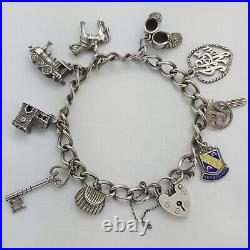 Vintage 925 Sterling Silver Charm Bracelet with Heart Padlock and 9 Charms