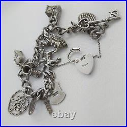 Vintage 925 Sterling Silver Charm Bracelet with Heart Padlock and 9 Charms