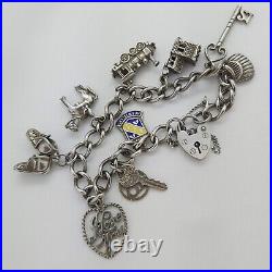 Vintage 925 Sterling Silver Charm Bracelet with Heart Padlock and 9 Charms