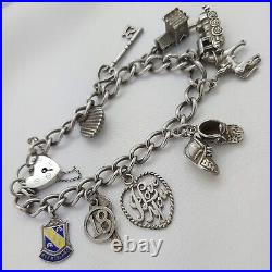 Vintage 925 Sterling Silver Charm Bracelet with Heart Padlock and 9 Charms