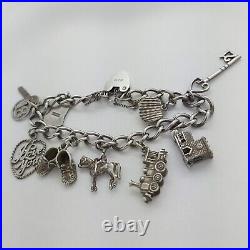 Vintage 925 Sterling Silver Charm Bracelet with Heart Padlock and 9 Charms