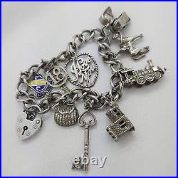 Vintage 925 Sterling Silver Charm Bracelet with Heart Padlock and 9 Charms