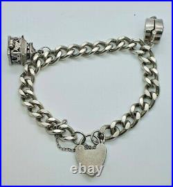 Vintage 925 Sterling Silver Curb Chain Charm Bracelet With 2 Charms 39.21g GC