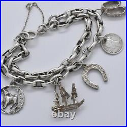Vintage 925 Sterling Silver Double Chain Charm Bracelet with 5 Charms