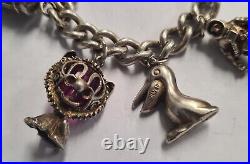 Vintage 925 Sterling Silver heavy Bracelet with Heart Padlock and 8 Charms