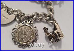 Vintage 925 Sterling Silver heavy Bracelet with Heart Padlock and 8 Charms