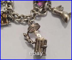 Vintage 925 Sterling Silver heavy Bracelet with Heart Padlock and 8 Charms