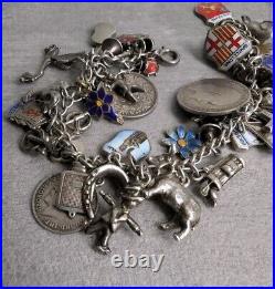 Vintage Antique Charm Bracelet Chain 925 Sterling Silver 36 Charms 18cm Long