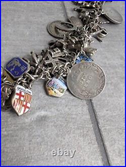 Vintage Antique Charm Bracelet Chain 925 Sterling Silver 36 Charms 18cm Long