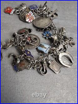 Vintage Antique Charm Bracelet Chain 925 Sterling Silver 36 Charms 18cm Long