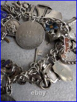 Vintage Antique Charm Bracelet Chain 925 Sterling Silver 36 Charms 18cm Long