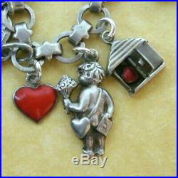 Vintage Antique German Silver Enamel Valentine Hearts Charm Bracelet Cupids Love