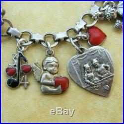Vintage Antique German Silver Enamel Valentine Hearts Charm Bracelet Cupids Love
