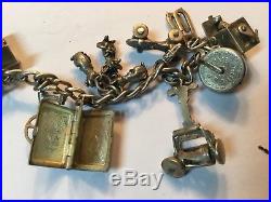 Vintage Antique Sterling Silver Charm Bracelet 19 Great Movable Rare Charms