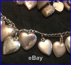 Vintage Antique Sterling Silver Puffy Charm Heart Necklace & Bracelet 44 Hearts