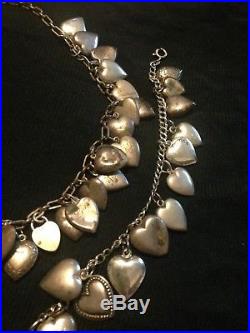 Vintage Antique Sterling Silver Puffy Charm Heart Necklace & Bracelet 44 Hearts