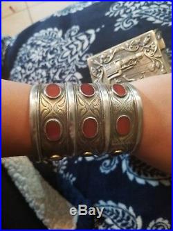 Vintage Antique Turkmen 925 Silver Carnelian gemstone large Cuff bracelet charms