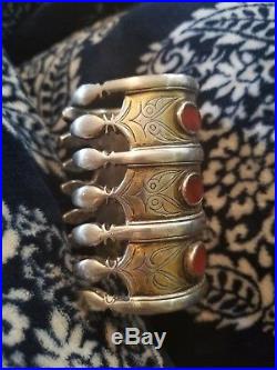 Vintage Antique Turkmen 925 Silver Carnelian gemstone large Cuff bracelet charms
