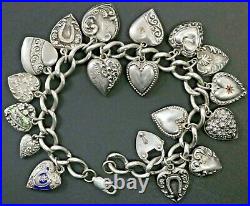 Vintage Art Deco 18 Puffy Heart Charm 925 Sterling Silver Bracelet 7 3/4 24.3g