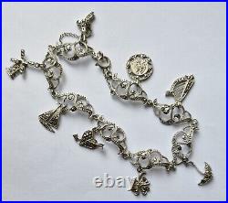 Vintage Art Deco Silver Marcasite Charm Bracelet Heart Harp Umbrella