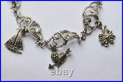 Vintage Art Deco Silver Marcasite Charm Bracelet Heart Harp Umbrella